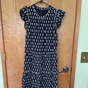 J.Crew embroidered tiered Navy midi dress ruffle sleeve size medium